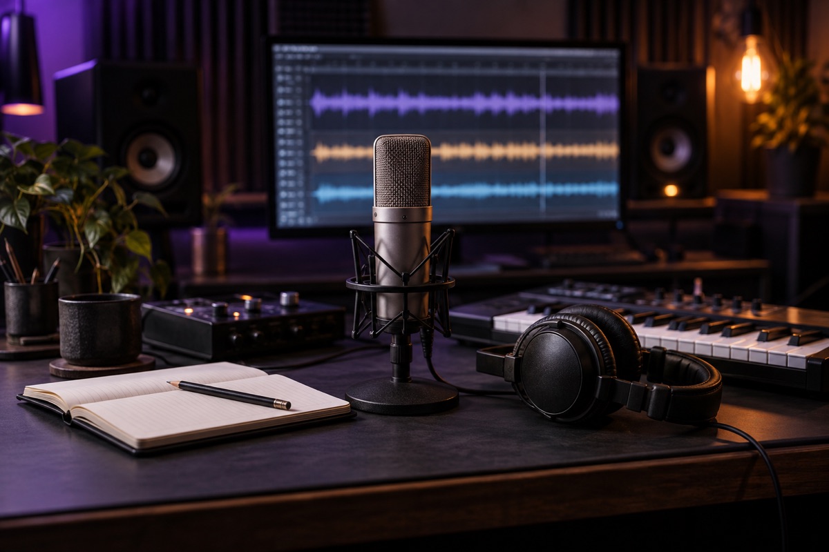 Studio microphone, headphones, session notebook and separate audio tracks on a monitor.